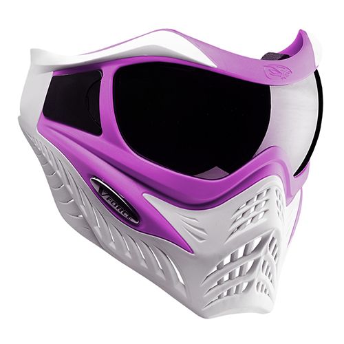 a purple and white mask with goggles on it