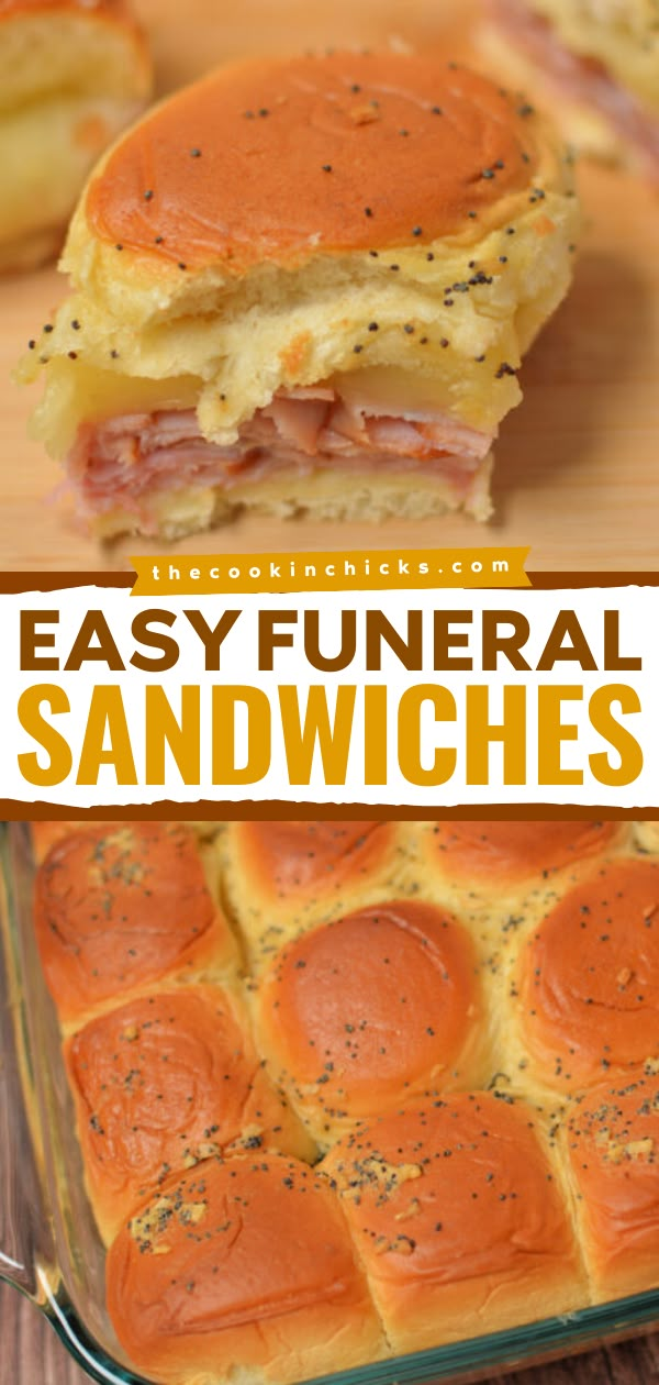 Whip up these Easy Funeral Sandwiches! They're a must-have football food idea. Comforting and delicious, these baked ham and cheese sliders are sure to be a crowd-pleaser at your tailgating party. Save this Hawaiian roll slider recipe for the perfect game day appetizer! Sandwich Ham Recipes, Meat And Cheese Snack Ideas, Hawaiian Roll Ham Sliders Recipe, Easy Sandwich Recipes For A Crowd, Sliders For Tailgating, Recipe For Sliders Hawaiian Rolls, Sandwich Ideas For A Crowd, Dollar Roll Sandwiches, Ham And Provolone Sliders Kings Hawaiian