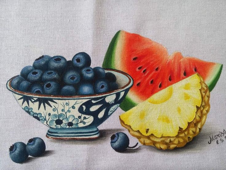 a painting of blueberries and watermelon in a bowl