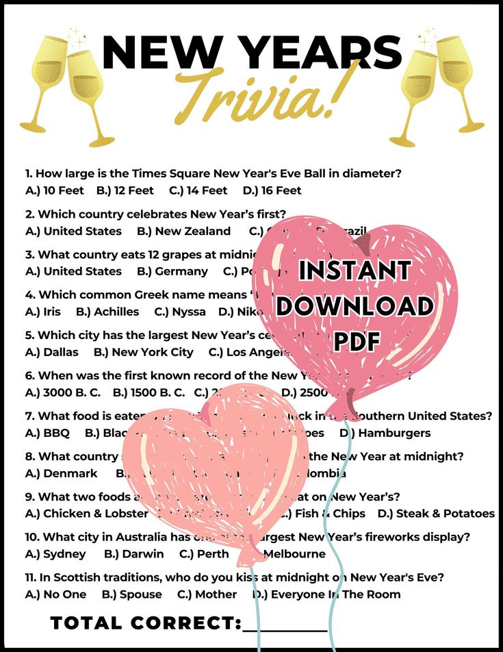 a new year's trivia with two hearts and wine glasses on top of it