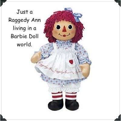 a stuffed doll with red hair wearing a white dress and polka dot tights, standing in front of a white background