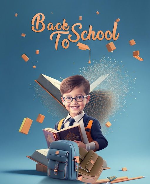 a young boy is reading a book while surrounded by school supplies