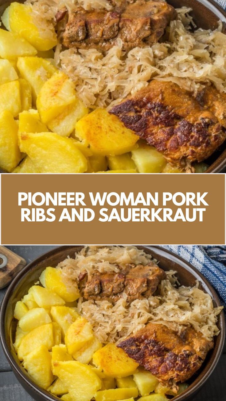 two pictures showing the different types of food in each bowl, one with meat and potatoes