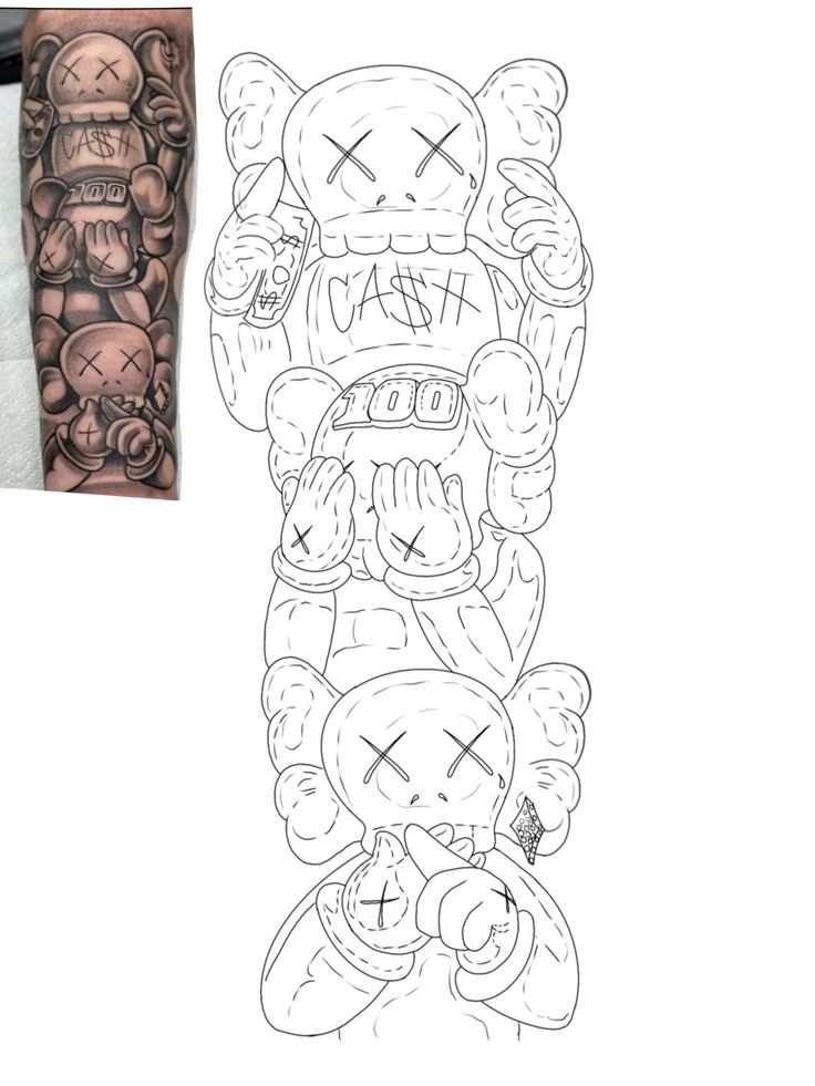 a drawing of a cartoon character on the left arm and an image of a person with tattoos on their arms