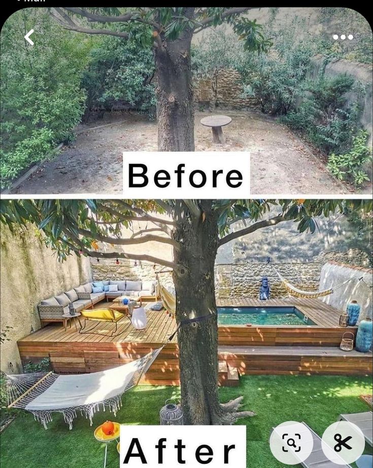 the before and after pictures of a backyard makeover