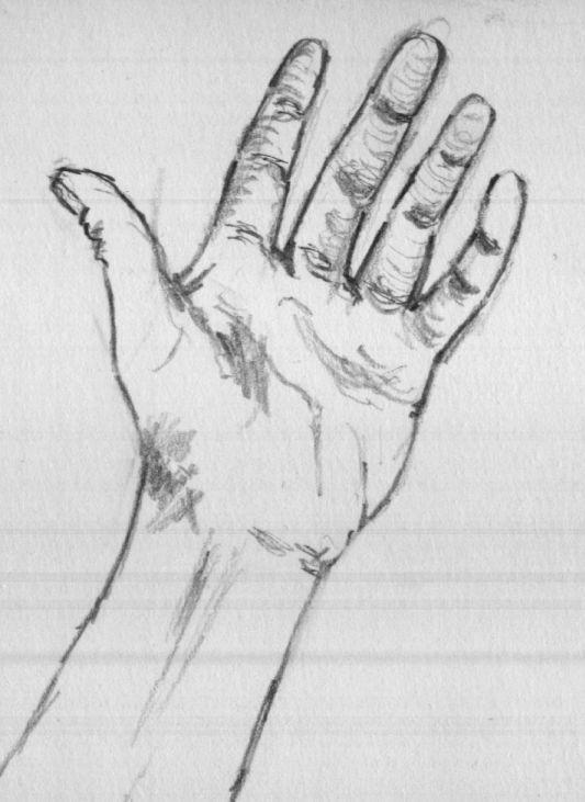 a drawing of a hand reaching up towards the sky