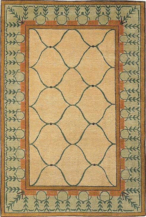 a beige rug with an orange border and green leaves on the bottom, in front of a white background