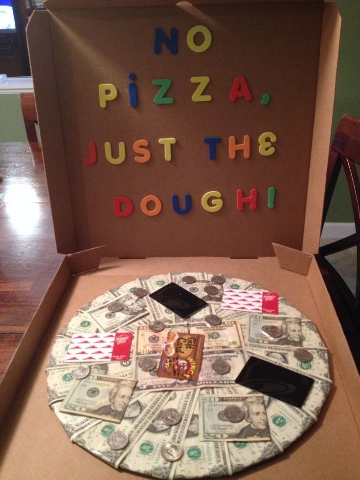 an open pizza box with money in it and the words no pizza just the dough