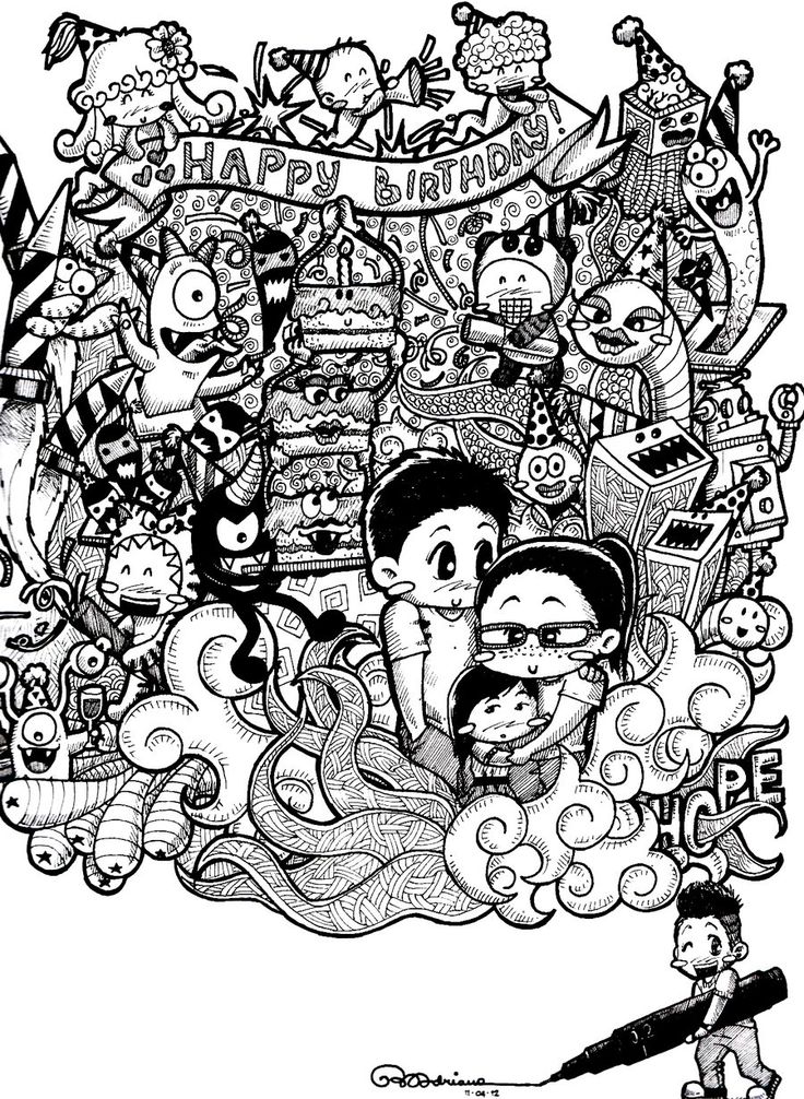 an ink drawing of people surrounded by many different things