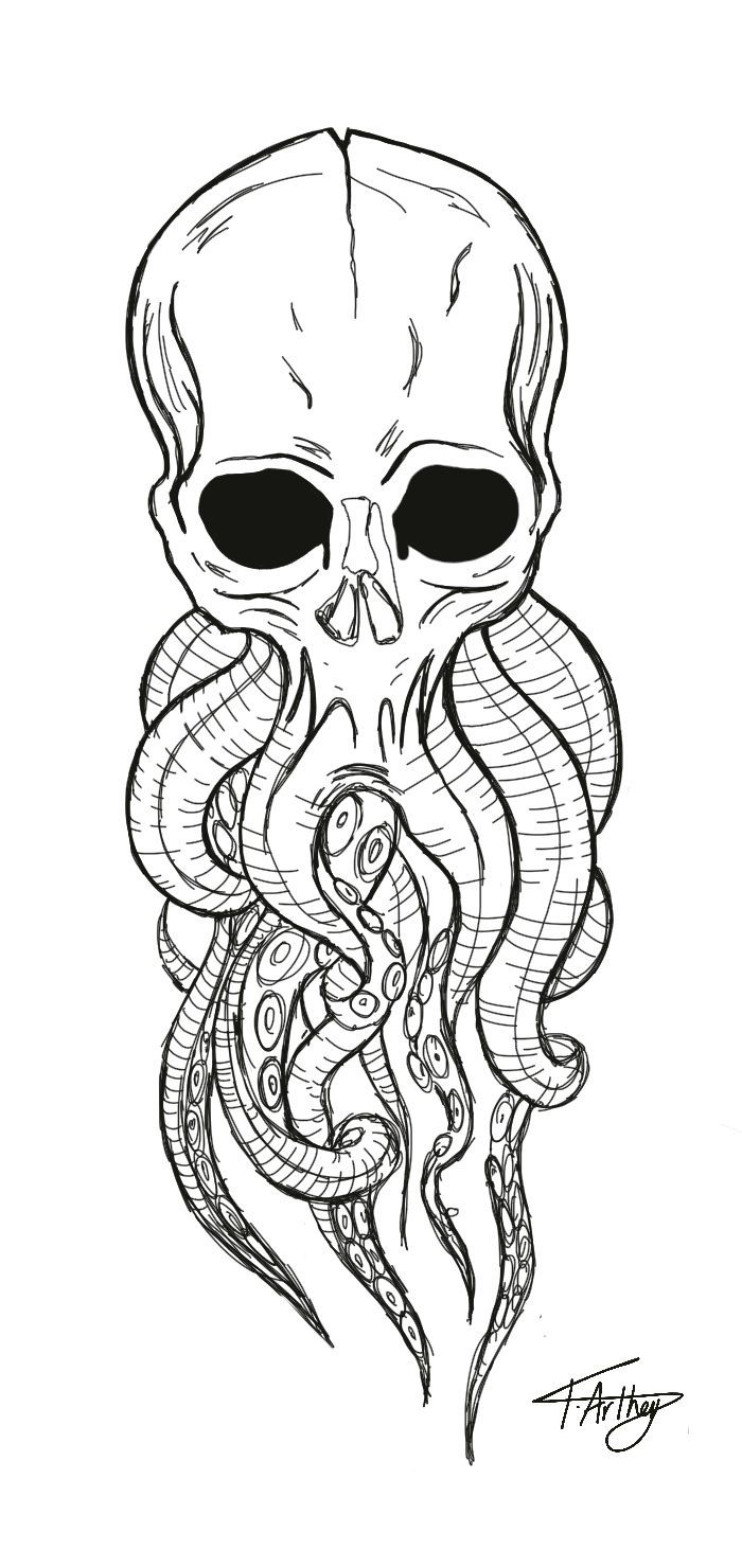 a black and white drawing of a skull with an octopus on it's head