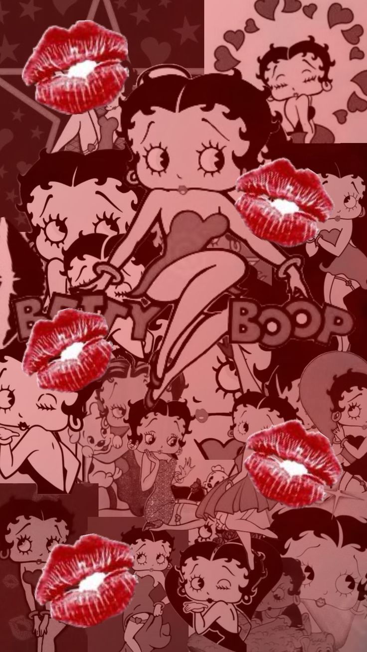 some red lipstick are on top of a black and pink background with cartoon character images