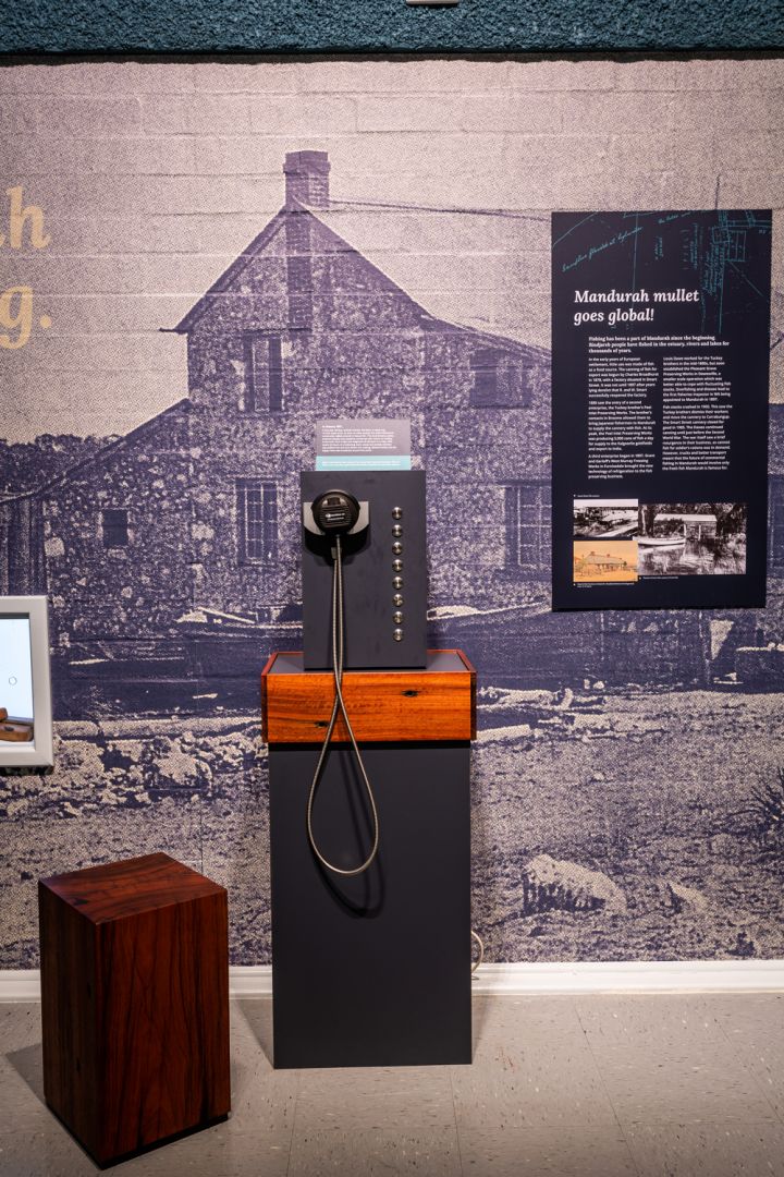 an old fashioned phone is on display in front of a wall with pictures and information