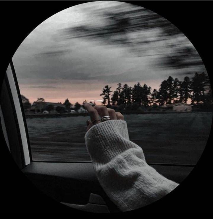 a person's hand on the steering wheel of a car with trees in the background