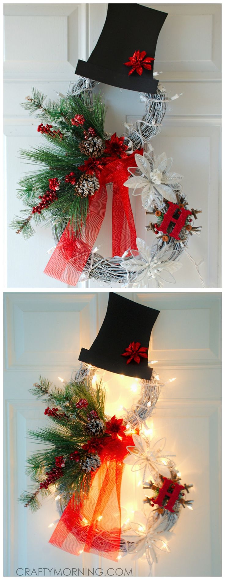 christmas wreath with red and white ribbons hanging from the front door, decorated with lights