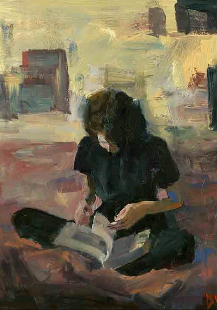 a painting of a person sitting on the ground with a book in their hands and buildings in the background