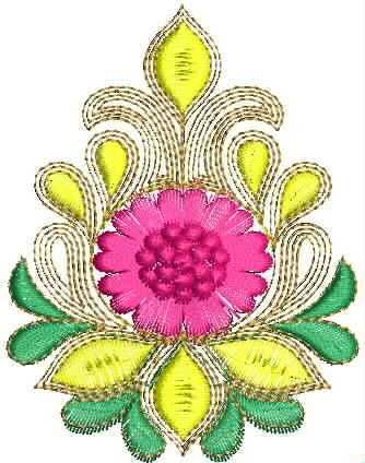 a pink flower with green leaves in the center and yellow petals on it's side