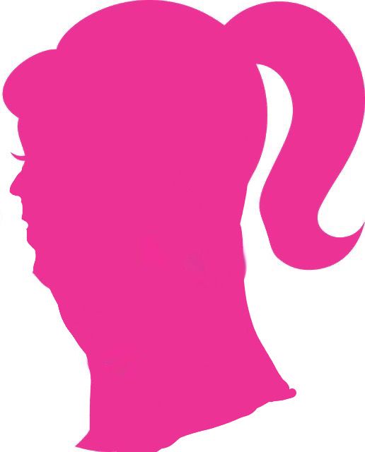 a pink silhouette of a woman's head with her hair in a pony tail