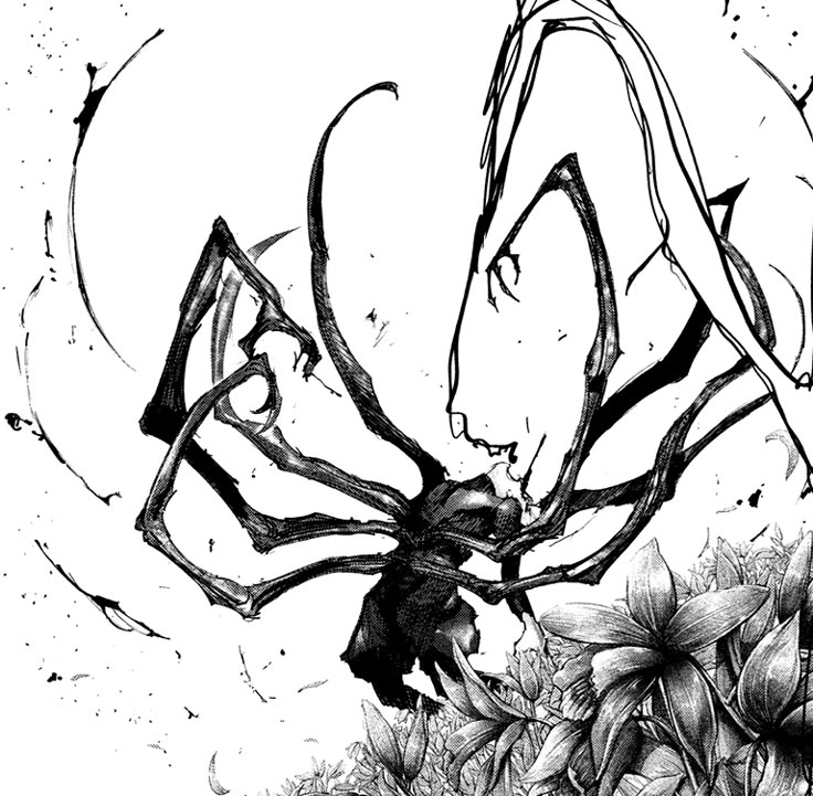 a black and white drawing of a spider on the ground with flowers in front of it