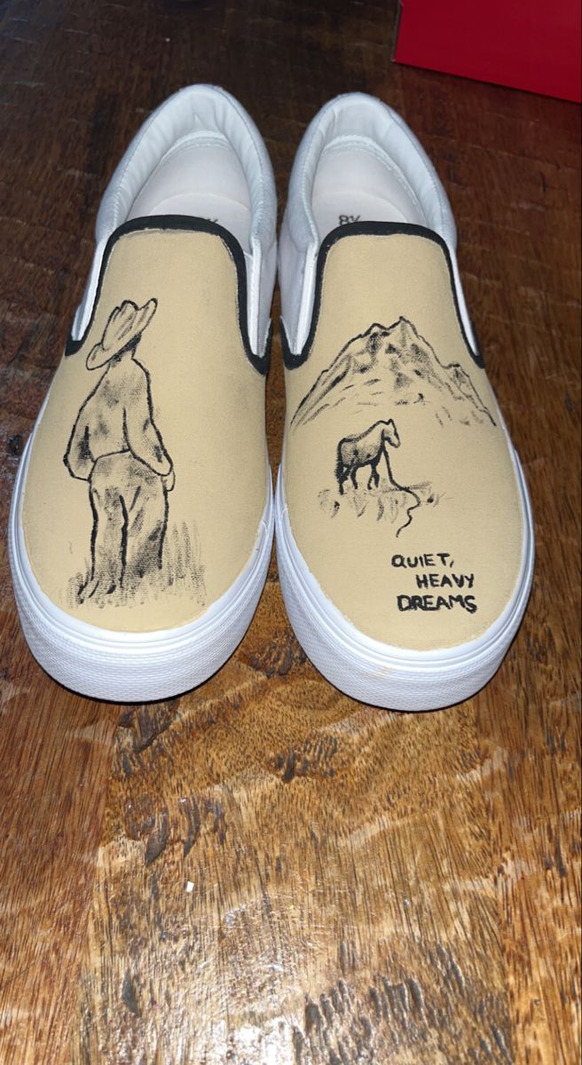 Western Shoe Painting Ideas, Western Painted Shoes, Western Painted Vans, Diy Painted Vans, Painted Hey Dudes, Western Vans, Shoe Painting Ideas Vans, Painted Vans Slip On, Van Shoes