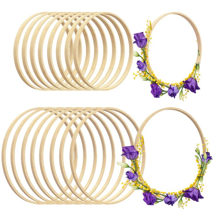 six wooden hoops with purple flowers on them