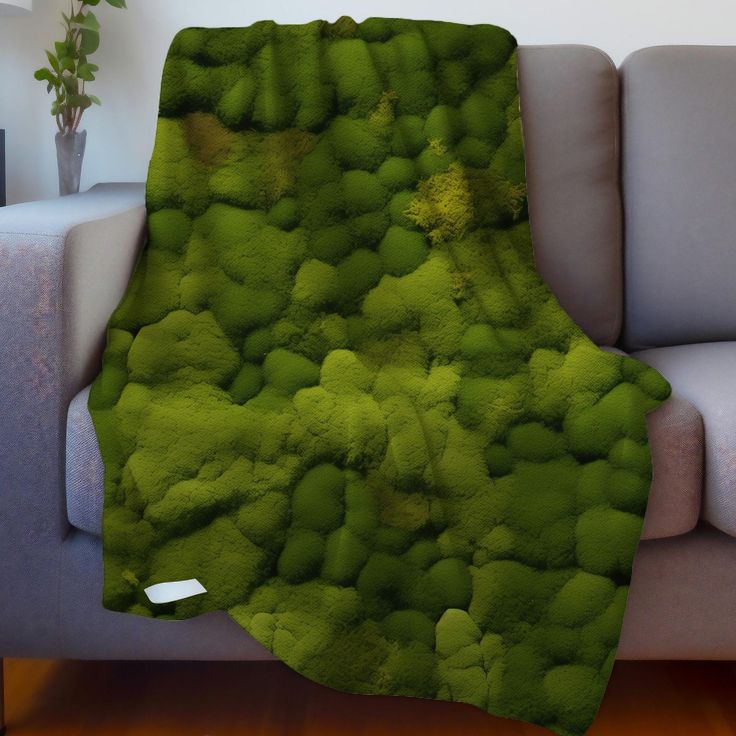 a couch with a green blanket on top of it next to a plant in a vase