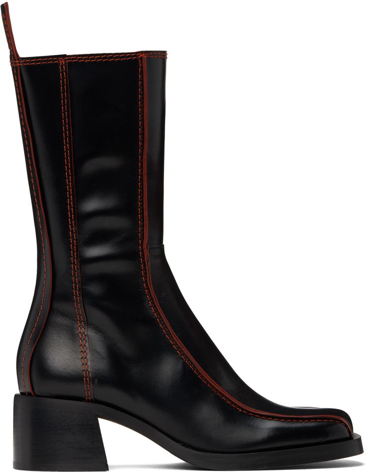 Handcrafted mid-calf buffed calfskin boots in black. · Square toe · Zip closure at inner side · Concealed elasticized gusset at collar · Pull-tab at heel · Padded memory foam insole · Vegetable-tanned buffed leather lining · Scalloped detailing at welt · Stacked leather midsole and block heel · Treaded rubber sole · Contrast stitching in orange · Heel: H2 Supplier color: Black Low Heel Mid Calf Boots, Knee High Black Boots Leather, Kitten Heel Black Boots, Miista Boots Styled, Slip Dress Boots, Block Heel Boots Outfit, Boots No Heel, Miista Boots, Black Square Toe Boots