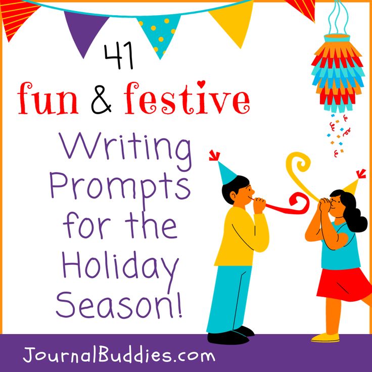 a man and woman standing next to each other in front of a sign that says fun & festive writing prompts for the holiday season