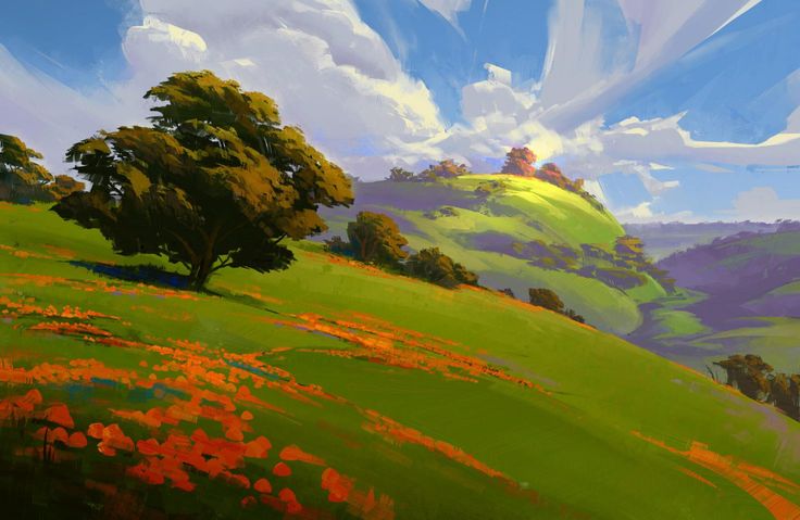 a painting of trees and flowers on a hill