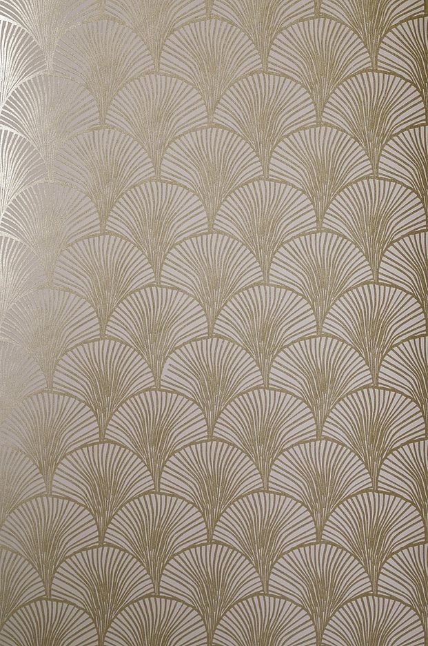 an art deco wallpaper pattern in gold and white with fan design on the side