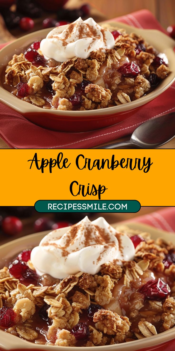 an apple cranberry crisp with whipped cream on top