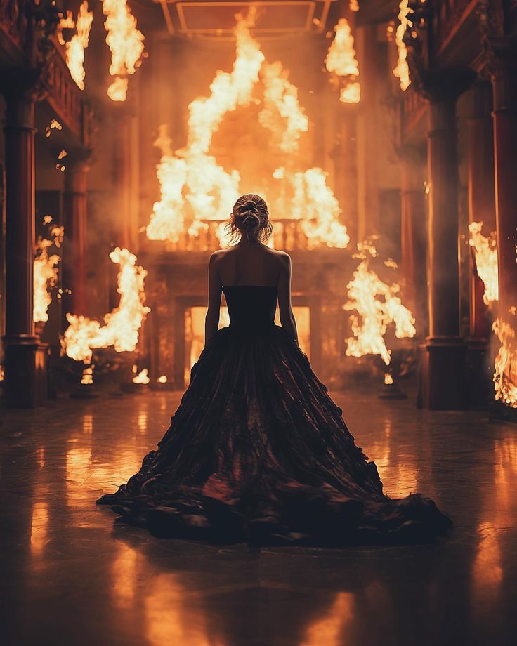 a woman in a black dress standing in front of a fire filled room with flames