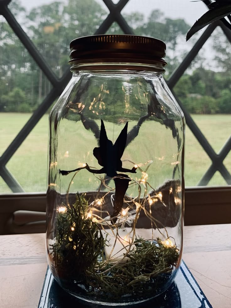 a glass jar filled with moss and fairy lights sitting on top of a table next to a window