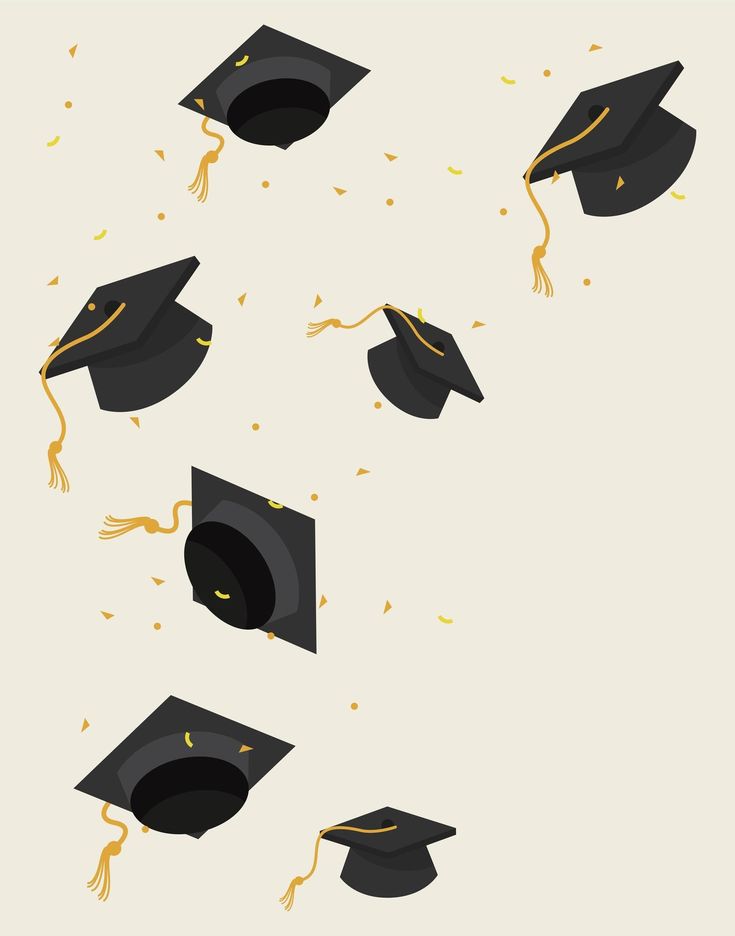 graduation caps and streamers flying in the air with gold confetti on them