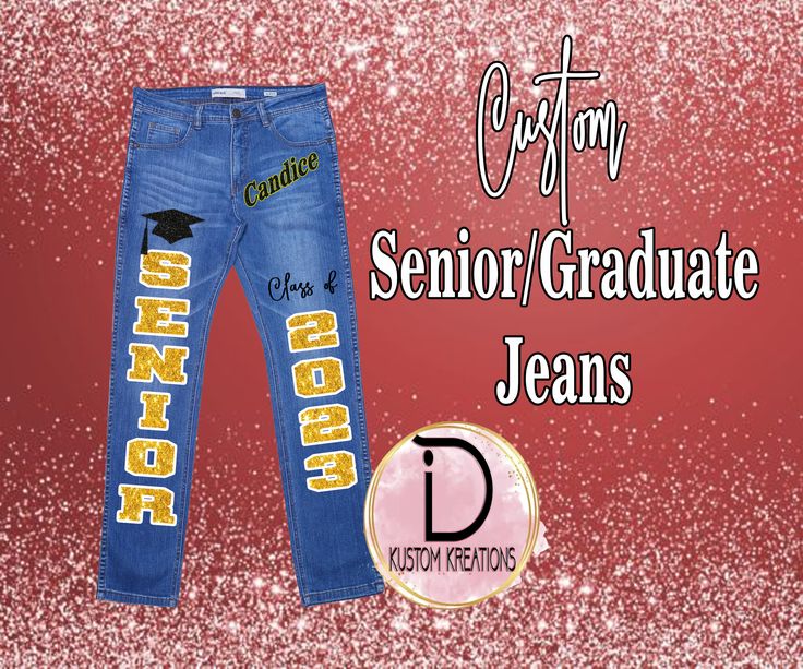 Senior Jeans Made To Order. Customized to your liking. The sky is the limit for your design. Seen a design or have a design you want? Get with us to have your image come to life.  Personalization Box- Jean Size Jean Color: Light or Dark Grad Year School Info Name (optional) All items are customized are nonrefundable. Processing times are 1-2 weeks or sooner Graduation Jeans, Senior Jeans Ideas, Senior Jeans Ideas High Schools, Senior Pants Ideas, Homecoming Jeans Ideas, Homecoming Jeans, College Jeans, Senior Pants, Senior Outfits