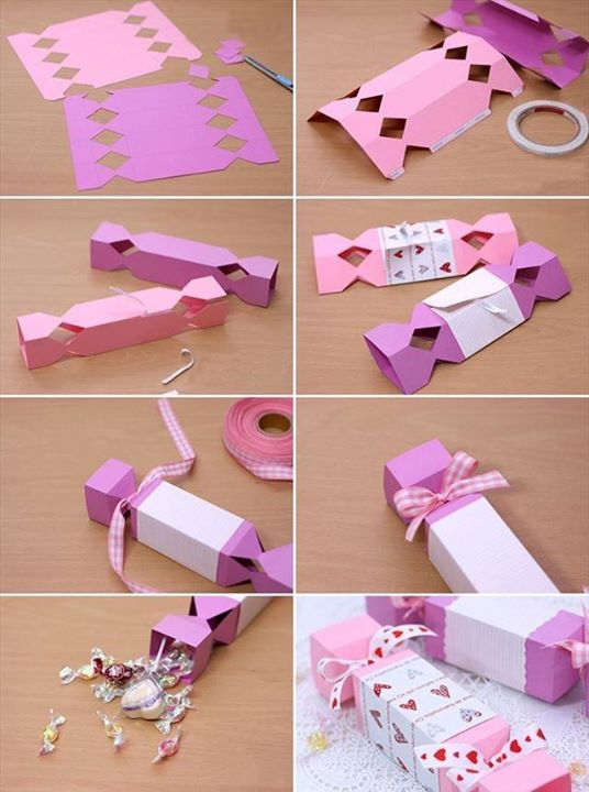 the collage shows how to make paper boxes with ribbons and bows on them, along with other crafting supplies