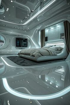 the interior of a futuristic bedroom with white walls and flooring is lit by recessed lights