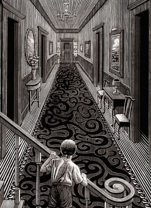 a boy is walking down the stairs in an old fashioned hallway with black and white lines