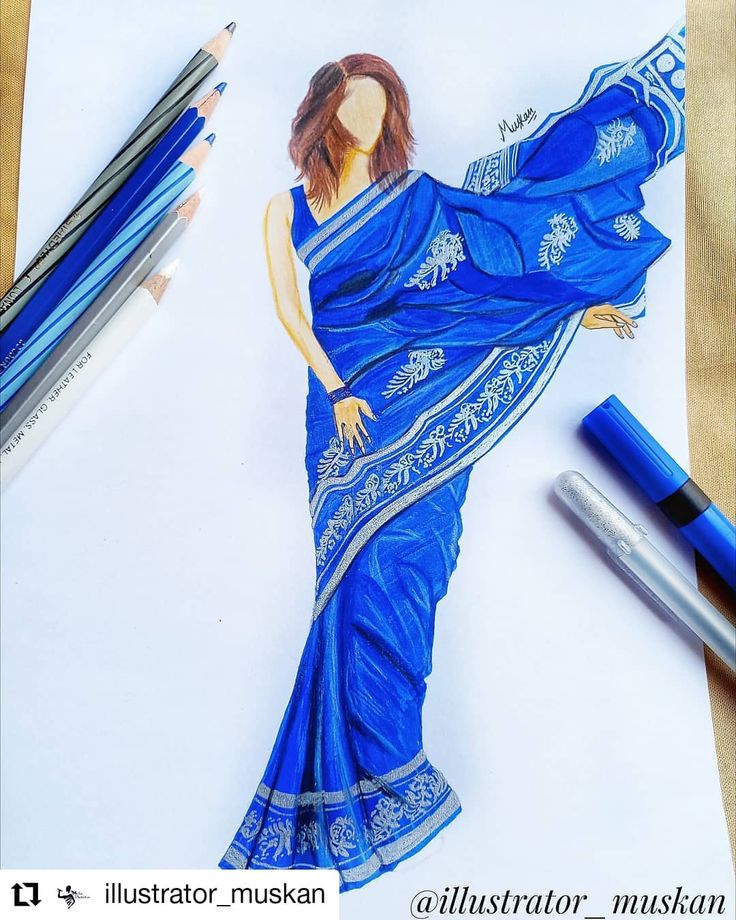 a drawing of a woman in a blue sari