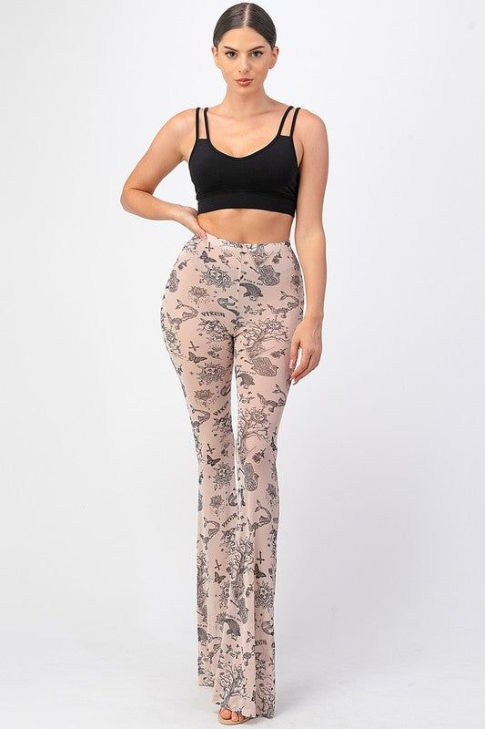 Mesh, elastic waist/sheer. Chic High-cut Summer Pants, Chic Sheer Mesh Bottoms, Sheer Trousers Bottoms For Spring, Sheer Trousers For Spring, Casual High-cut Leg Summer Pants, High Waist Sheer Pants For Spring, Sheer High Waist Pants For Spring, Spring High Waist Sheer Pants, Sheer Stretch Pants For Spring