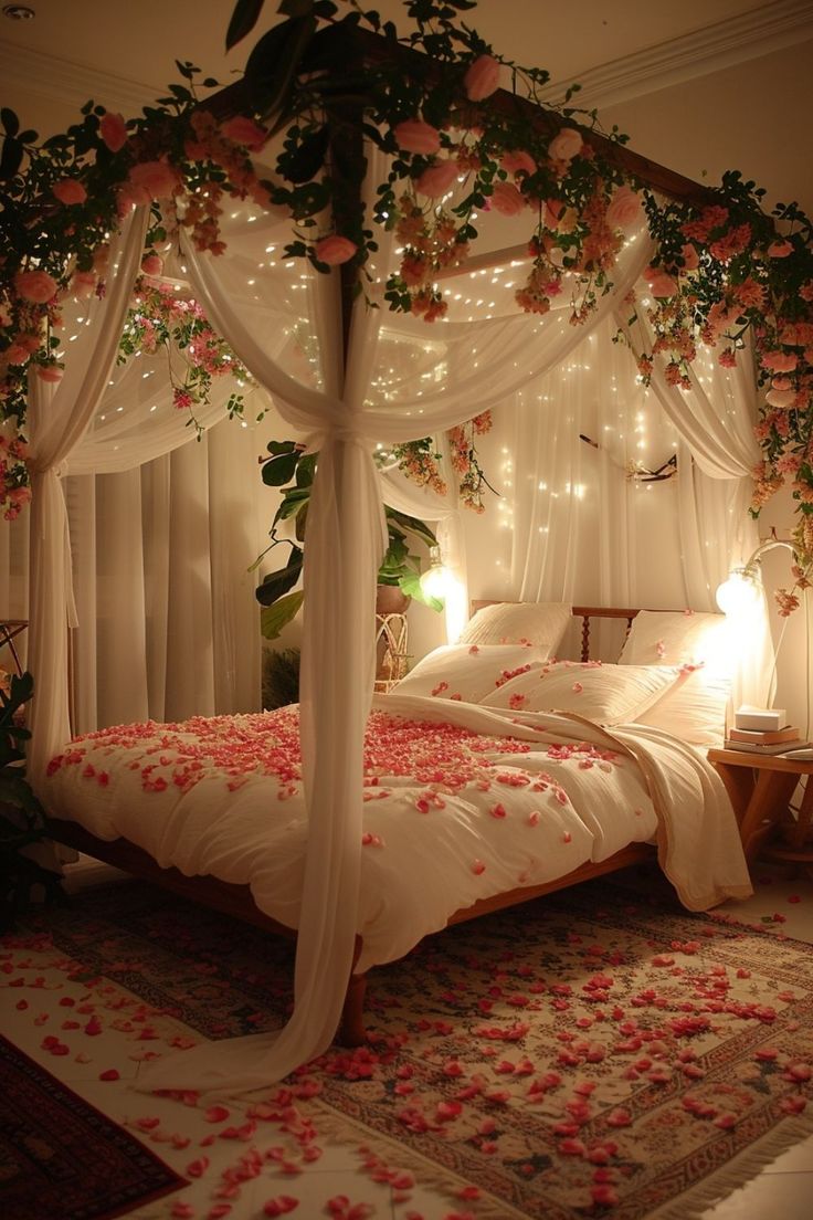 a canopy bed with pink flowers on it