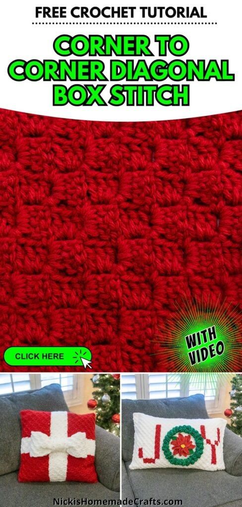 the crochet corner diagonal box stitch pattern is shown in red and white with green accents