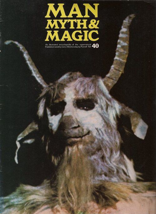 the front cover of man, myth and magic magazine with an image of a goat's head