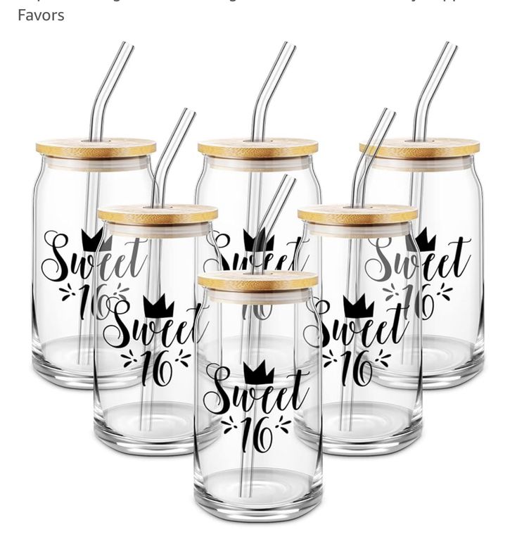 four glass jars with straws in them and the words sweet sweet sweet sweet sweet sweet sweet