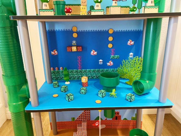 an image of a play room with mario's island and other items on the shelf