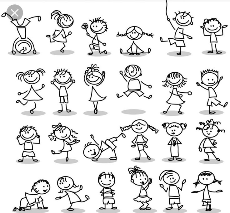 a bunch of cartoon kids playing and having fun with each other, black and white version