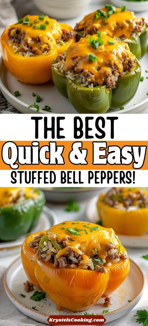 stuffed bell peppers with cheese and ground beef in the middle on white plates, topped with parsley