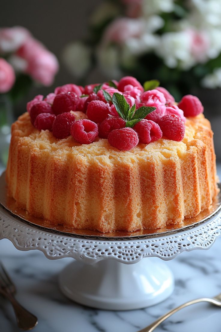 a cake with raspberries on top is sitting on a white plate next to flowers