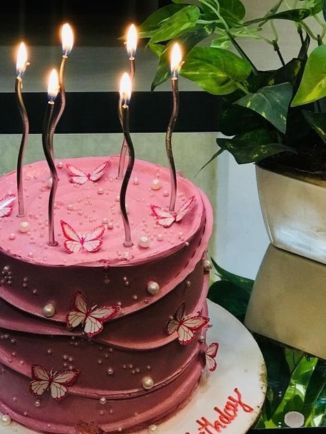 a birthday cake with pink frosting and butterflies on it, sitting in front of a potted plant