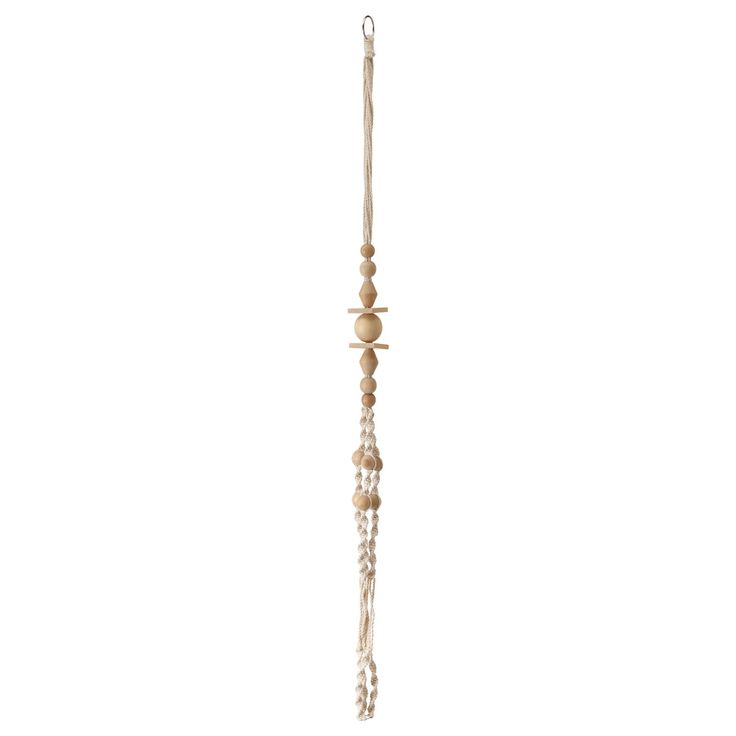 a wooden beaded wind chime hanging from a chain