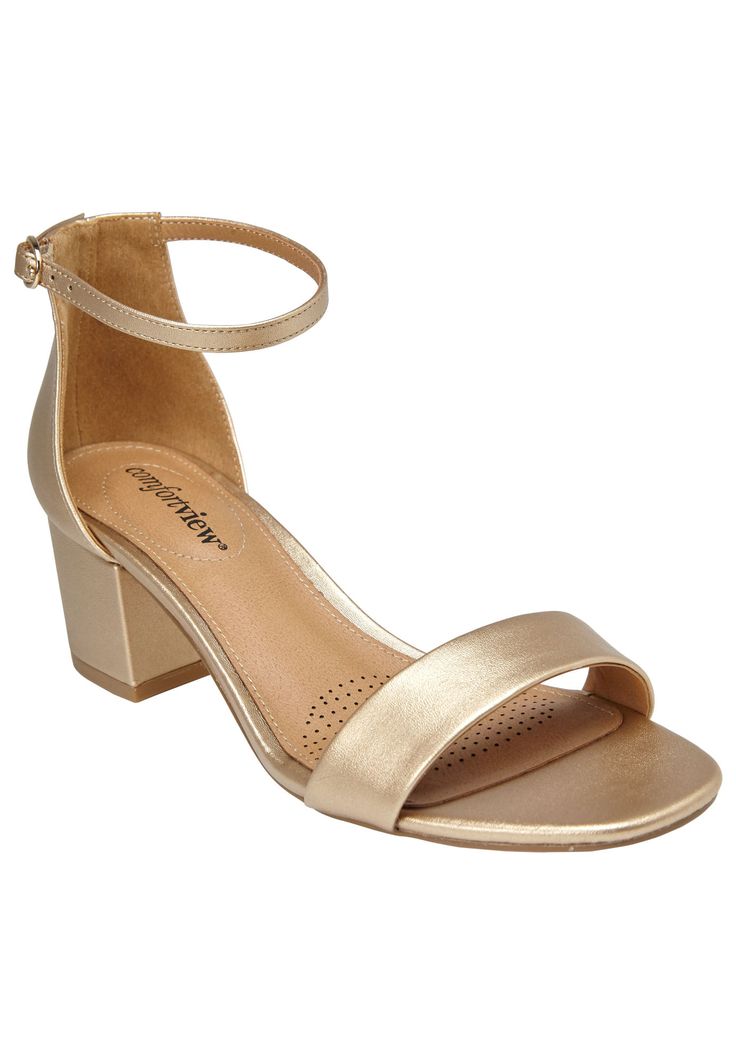 The slender ankle strap and smooth leather-like upper define this feminine heel and make it your new go-to for spring-into-summer style. Leather-like upperAdjustable ankle strapPadded insoleFlexible, skid-resistant outsole2" stable heelCustomers also love this shoe in faux leather! Click here to shop. Ankle strap sandals available in full and half sizes 7-11, 12 M; 7-11, 12 W; 7-11, 12 WW | Women's The Orly Sandal by Comfortview in Gold (Size 7 1/2 M) Goddess Bras, Open Toe Shoes, Bra And Panty Sets, Dress Sandals, Sandals Summer, Ankle Strap Sandals, Strap Sandals, Smooth Leather, Designer Shoes